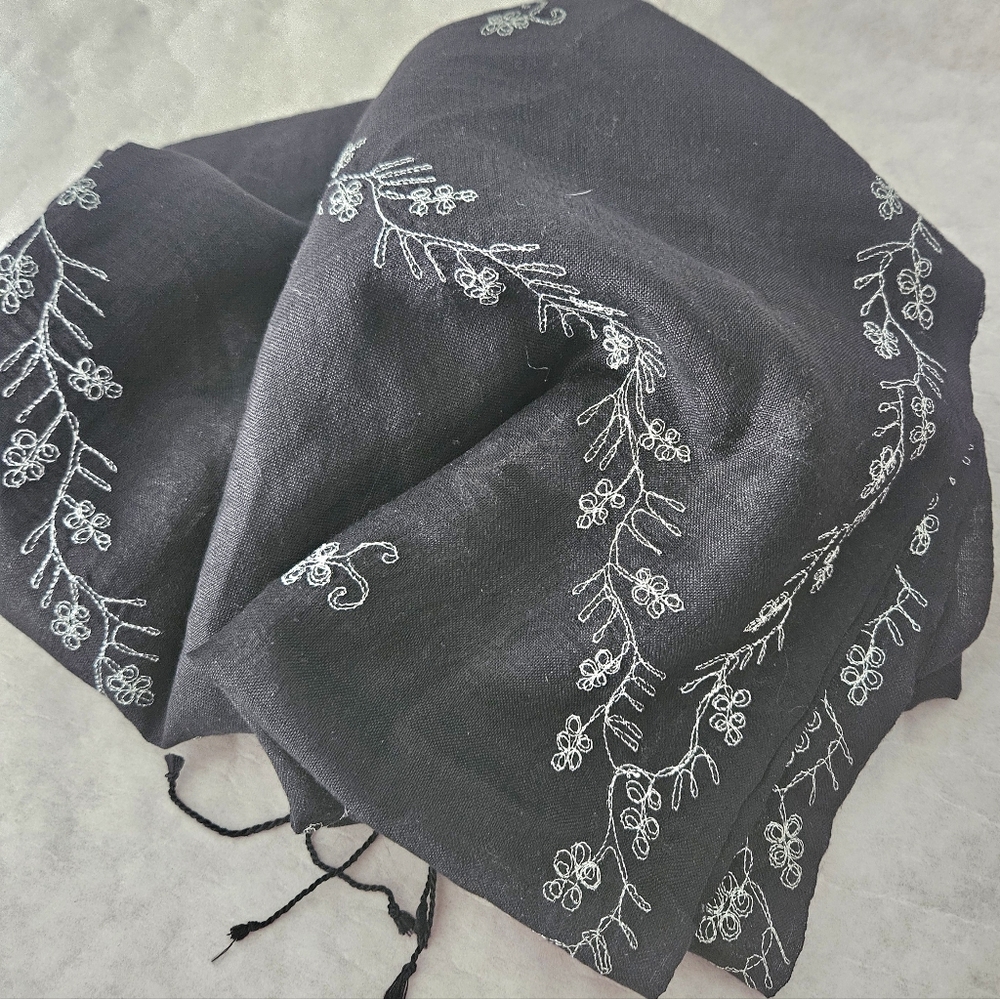 Black Scarf Silver Metallic Embroidery Shawl